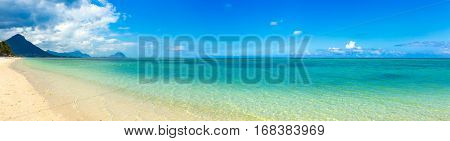 Sandy tropical Wolmar beach at sunny day. Panorama. Mauritius