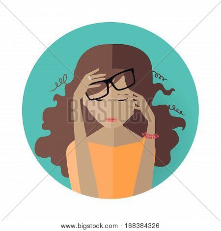 Young woman round avatar icon. Young woman in glasses and orange dress. Social networks business users avatar pictogram. Isolated vector illustration on white background.