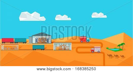 Warehouse on desert landscape. Warehouse interior, logisti and factory building exterior, business delivery, storage cargo vector illustration. Logistics and transportation of cargo.