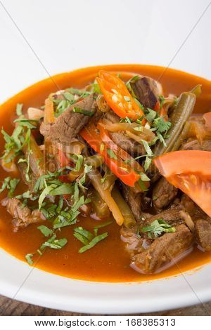 Central asian soup with meat and herbs