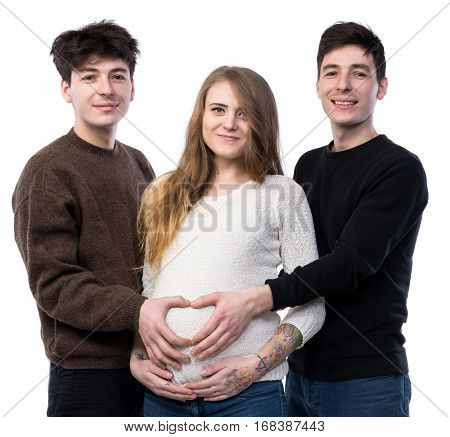 Young Pregnant Woman Posing With Two Young Man