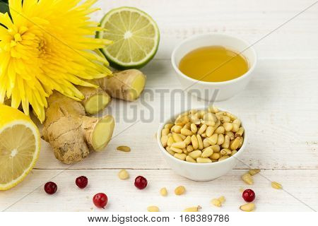 Pine Nuts With Ginger, Lemon, Lime, Honey And Cowberries