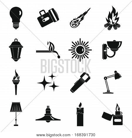 Light source symbols icons set. Simple illustration of 16 light source symbols items vector icons for web