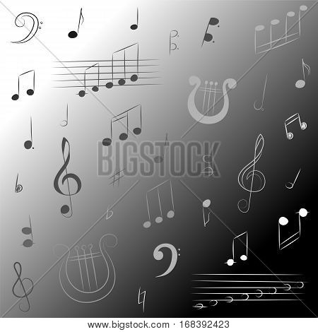 Hand Drawn Set of Music Symbols. Monochrome Doodle Treble Clef Bass Clef Notes and Lyre Vector Illustration.