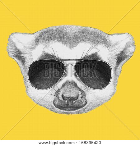 Portrait of Lemur with sunglasses. Hand drawn illustration.