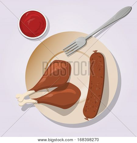 Illustration with sausages and chicken leg at the plate with souse