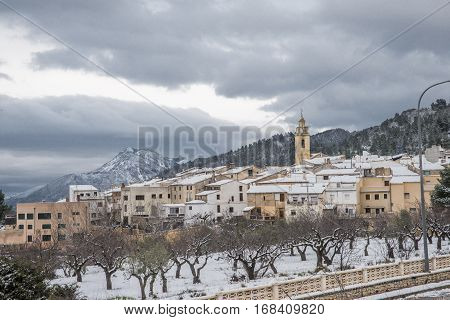 Landscape of Benifallim, Alicante, Spain, after a historic snowfall.