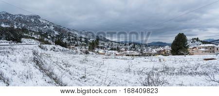 Panoramic landscape at Quatretondeta / Cuatretondeta, Alicante, Spain, after a historic snowfall.