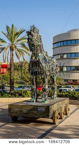 TEL AVIV ISRAEL - DECEMBER 5: Cyber Horse sculpture of Trojan horse at Tel Aviv University Israel on December 5 2016