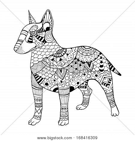Bullterrier dog coloring book vector illustration. Anti-stress coloring book for adult. Tattoo stencil. Black and white lines. Lace pattern