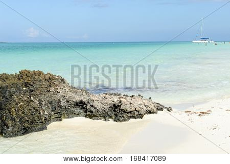 Cayo Guillermo Cuba - 16 january 2016: people sailing on a catamaran sailboat in clear water of Cayo Guillermo beach Cuba