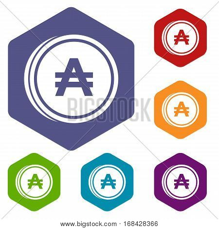 Coin austral icons set rhombus in different colors isolated on white background