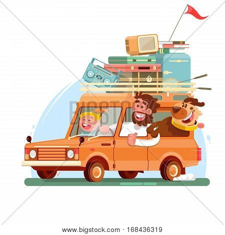 Family summer vacation.Orange car with suitcases. Vector illustration