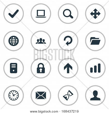 Set Of 16 Simple Application Icons. Can Be Found Such Elements As Arrows, Statistics, Notebook And Other.