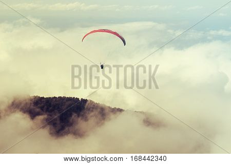 Two people are flying on a paraglider in the sky. Toned. Tandem flight