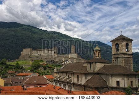 Collegiate Church And Castelgrande Castle In Bellinzona, Ticino, Switzerland