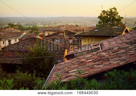 Beautiful Sunset View Of Roofs Of Lonato Del Garda, A Town And Comune In The Province Of Brescia, In