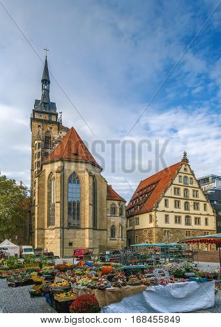 View of Schillerplatz square with Stiftskirche and flower marketStuttgart Germany