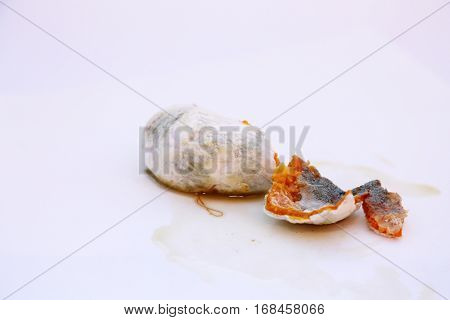 An orange in Decomposition with Peniccilum Digitaum mold. isolated on white with room for your text. Basic information text included which can easily be removed and replaced or used as is.