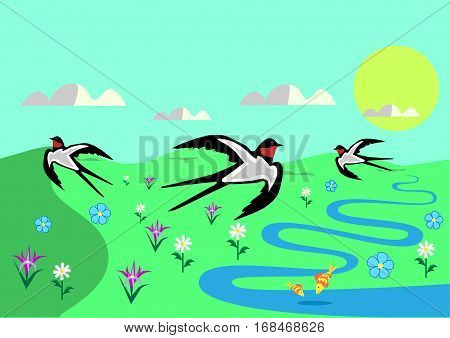Spring sunny day with flowers and swallows, blue sky and sun