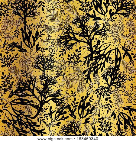 Vector Gold Black Seaweed Texture Seamless Pattern Background. Great for elegant gray texture fabric, cards, wedding invitations, wallpaper. Textile pattern design.