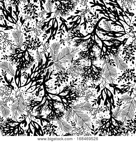 Vector Black and White Seaweed Texture Seamless Pattern Background. Great for elegant gray fabric, cards, wedding invitations, wallpaper. Textile pattern design.