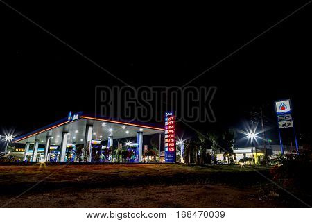 Nakhonrachasima Thailand, Night photo of PTT petrol station in Thailand was taken at Nakonratchasima province on Jan 29 2017