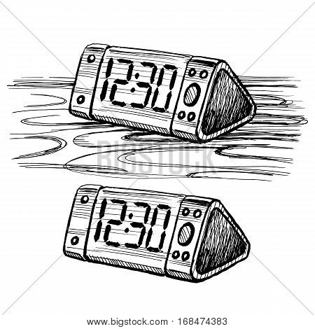 Sketch vector digital clock on the table. Stock image isolated on a white background.