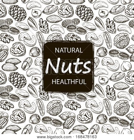 Nuts set seamless pattern. Hand drawn vintage illustration. Natural and healthful nuts background. Line art style.