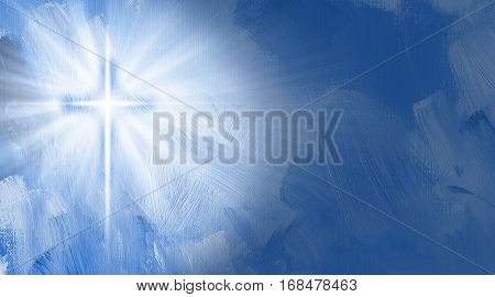Graphic digital illustration of the Cross of Jesus with rays of light and inner glow. Conceptual composition includes hand painted textured brush strokes.