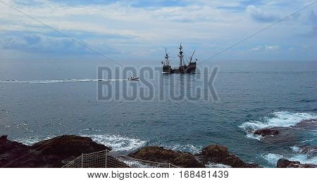 A beautiful sailboat in the open ocean. Atlantic Ocean Madeira Portugal