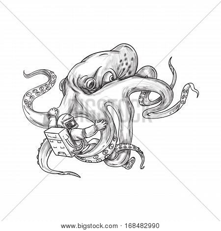 Tattoo style illustration of a giant octopus fighting an astronaut holding astronaut with it's tentacles set on isolated white background.
