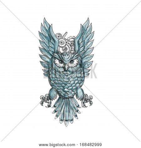 Tattoo style illustration of an owl swooping with clock gears behind its wings viewed from the front set on isolated white background.