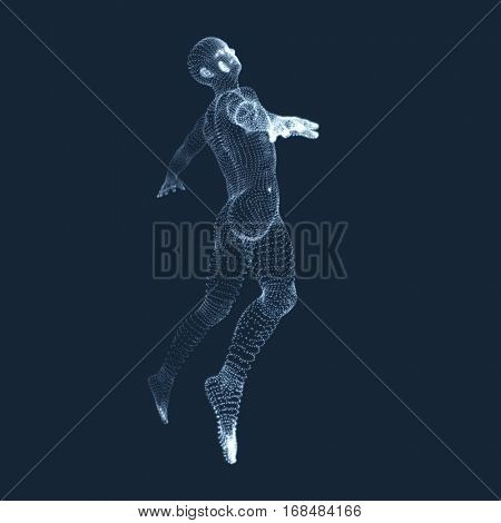 Jumping Man. Vector Graphics Composed of Particles. 3D Model of Man. Human Body Model. Body Scanning. View of Human Body. 