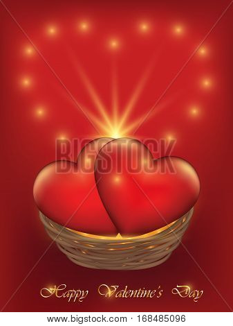 Happy Valentine's Day card with two hearts in a wicker basket. Red background with golden sparkle