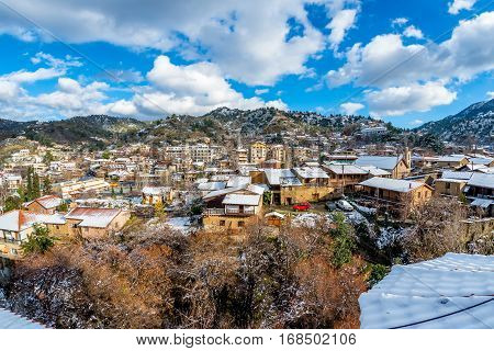 A small mountain village of Kakopetria covered in snow. Nicosia District Cyprus.