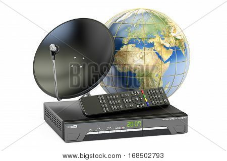 Global telecommunications concept. Digital satellite receiver with satellite dish and globe Earth 3D rendering