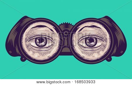 Illustration of a Pair of Eyes Peering from a Pair of Binoculars Drawn Using the Cross Hatching Technique