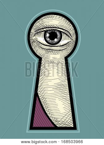 Illustration of an Eye Peering from a Keyhole Drawn Using the Cross Hatching Technique