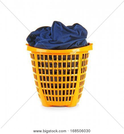 Clothes in plastic basket on white background