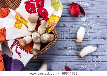 King oyster mushroom Pleurotus eryngii on the gray wooden background. Rustic style