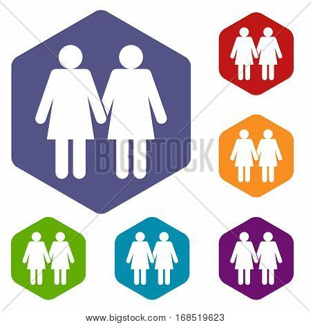 Two girls lesbians icons set rhombus in different colors isolated on white background