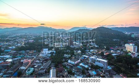 aerial photography Phuket city. Mongkolnimit temple is in the middle Phuket town locate is on Debuk road next to Talang road.this temple is very important for people in town.