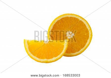 Close up of slice orange on white background