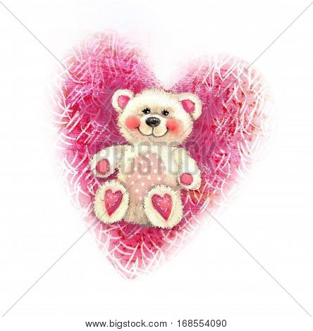 Valentine's Day illustration with cute teddy bear. Valentine card. Teddy bear toy sketch isolated on heart background. Love design. Background with bear and heart.