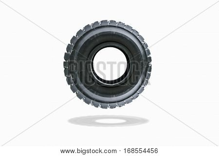 Giant tire of truck after using from heavy industrial which floating isolated on white background.