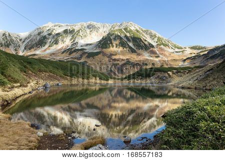 Mikurigaike Pond and reflection of mountain