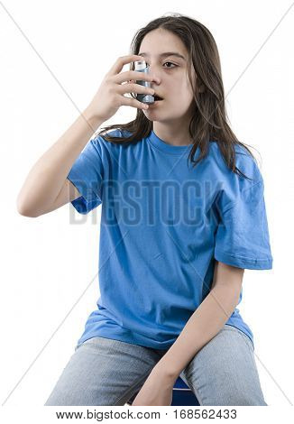 Teen girl applying oxygen treatment on herself isolated on white background.