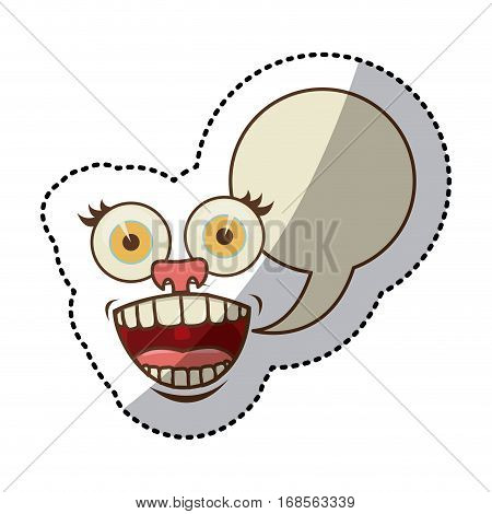 sticker colorful smile face cartoon gesture with dialog oval box vector illustration
