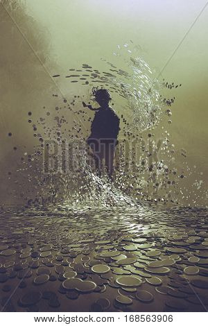 silhouette of man standing in storm of coinsa lot of money concept illustration painting